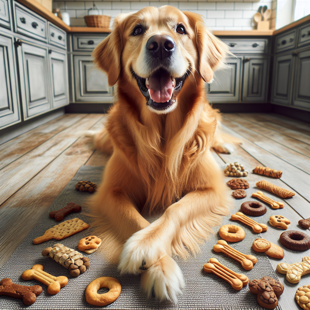 A golden retriever with homemade dog treats in a cozy kitchen setting.