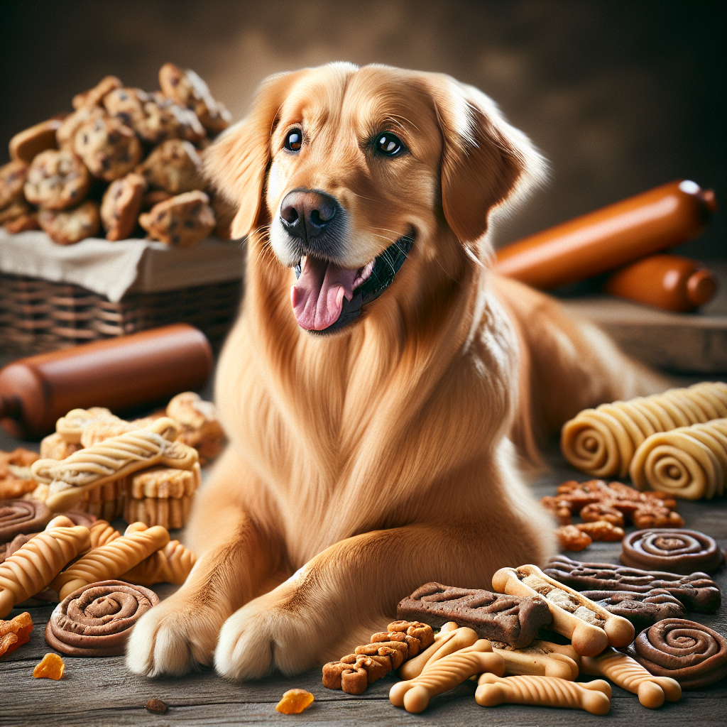 A joyful golden retriever with homemade dog treats.