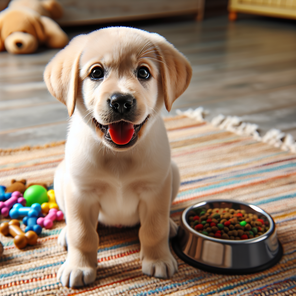 Realistic image of a happy Labrador puppy in a homely setting with toys and food.