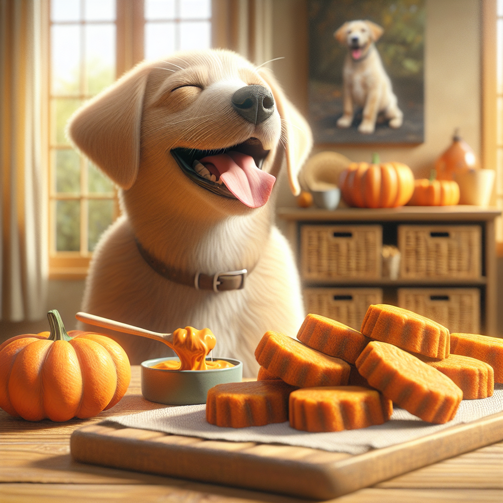 A dog enjoying homemade pumpkin dog treats in a realistic style.