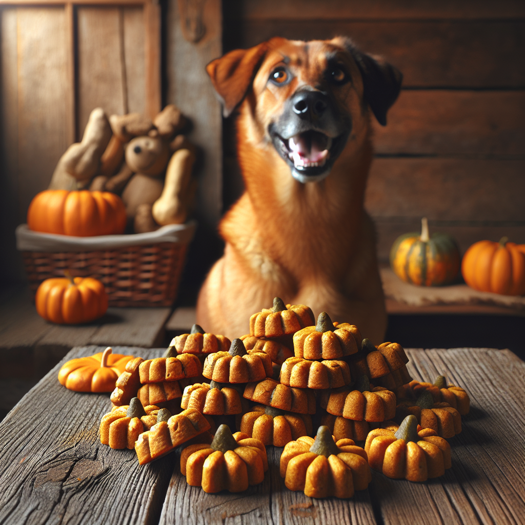 Homemade pumpkin dog treats on a wooden table with a happy dog in the backdrop.