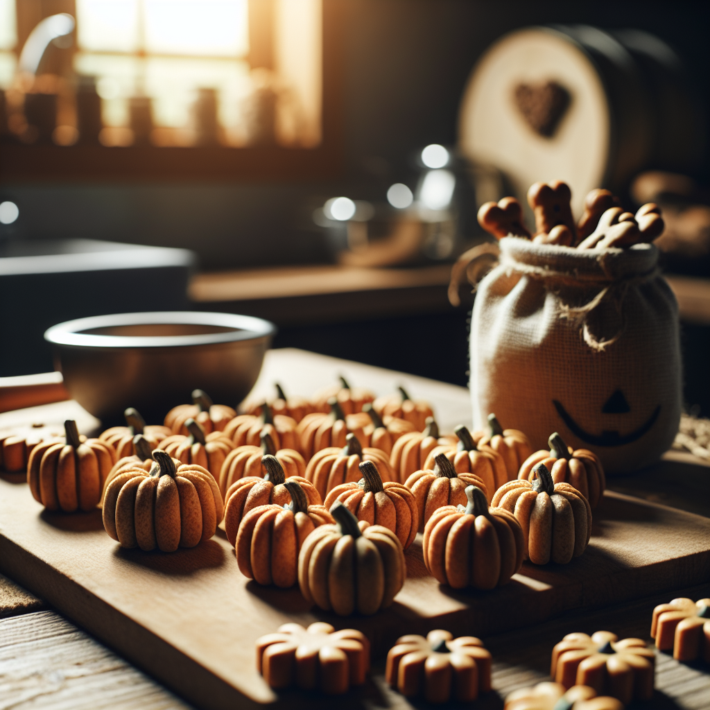 Homemade pumpkin-shaped dog treats on a wooden kitchen counter.