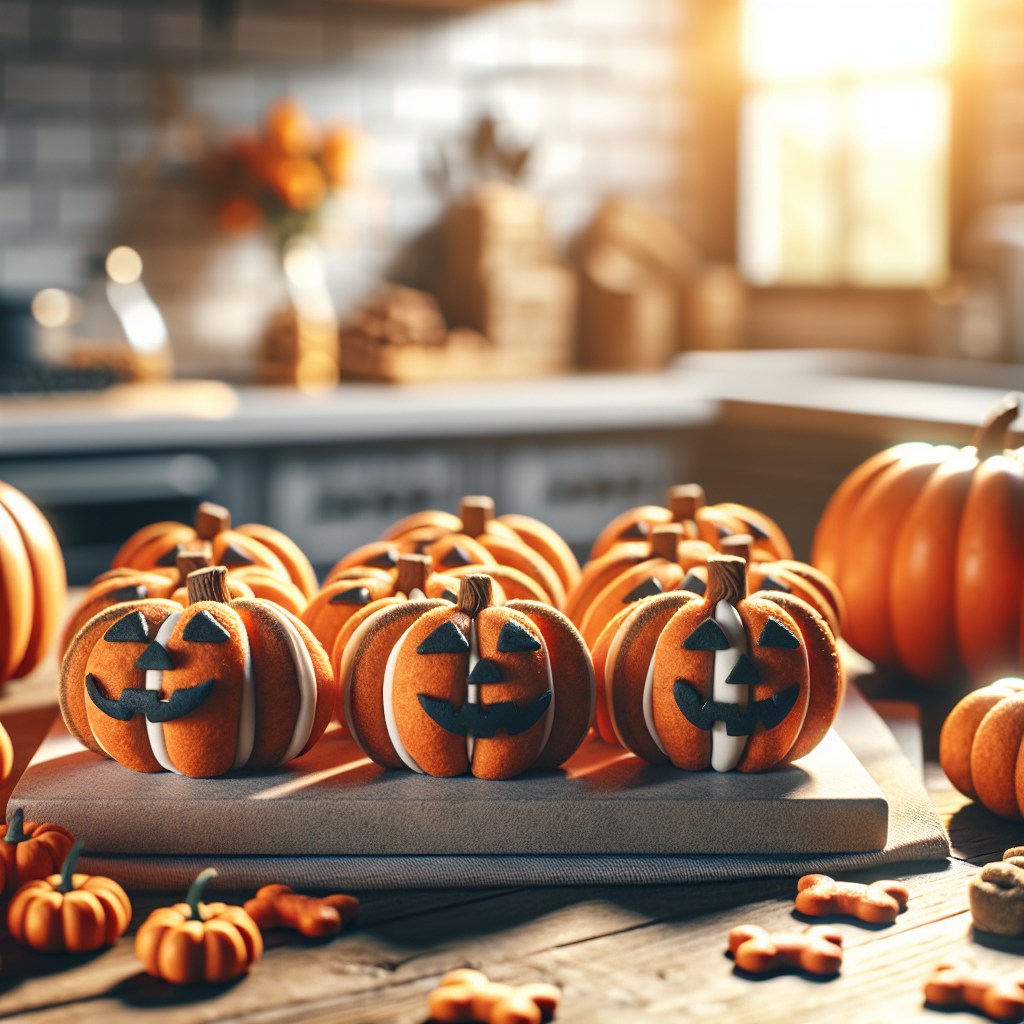 Realistic pumpkin-shaped dog treats in a kitchen setting.