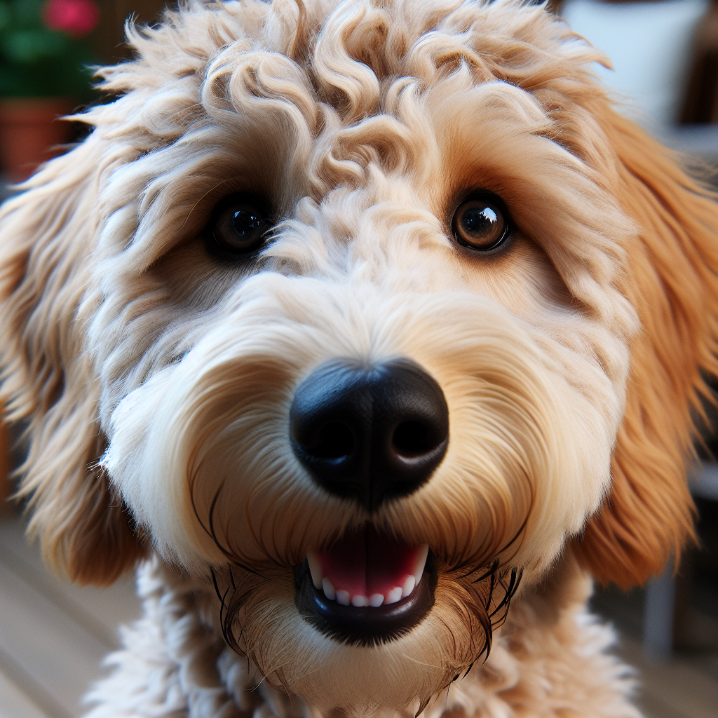 Realistic image of a labradoodle based on a reference photo.