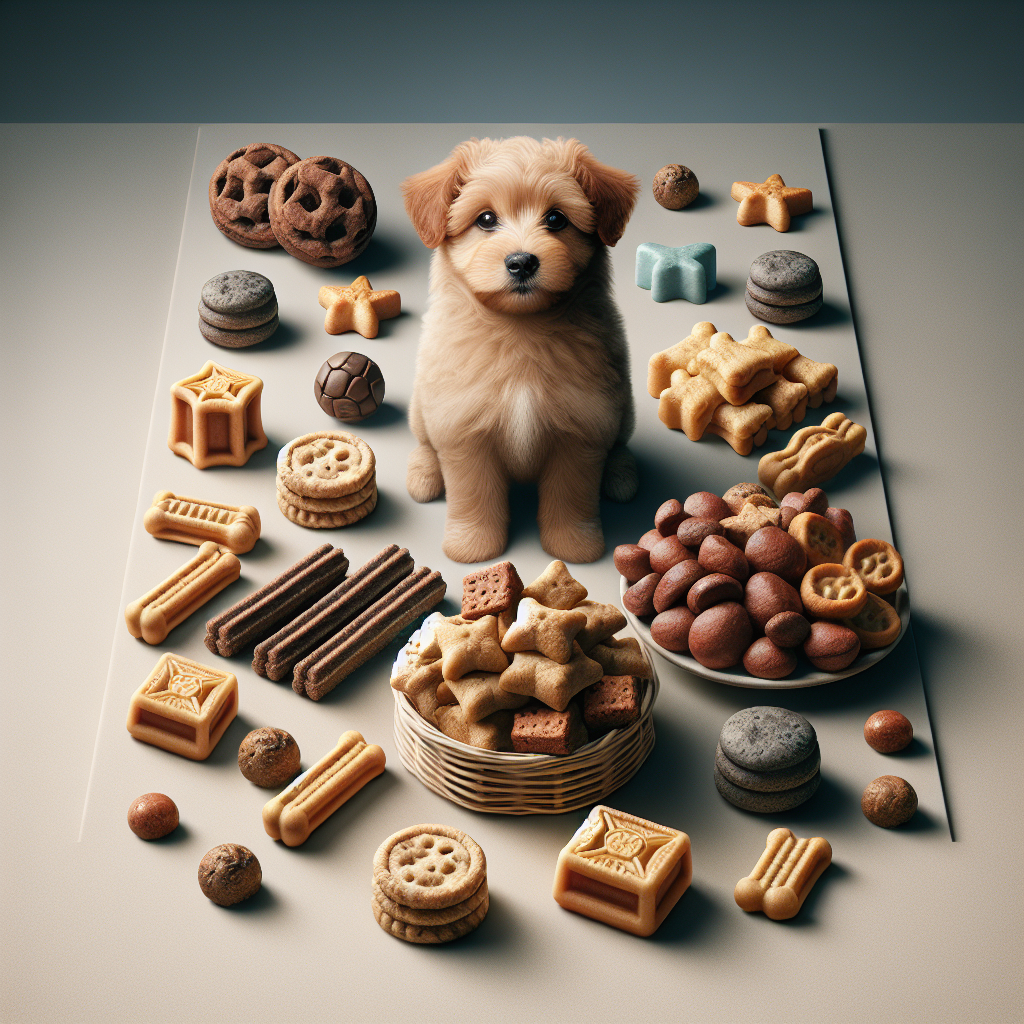 Assorted puppy treats with varied textures and colors on a neutral background.