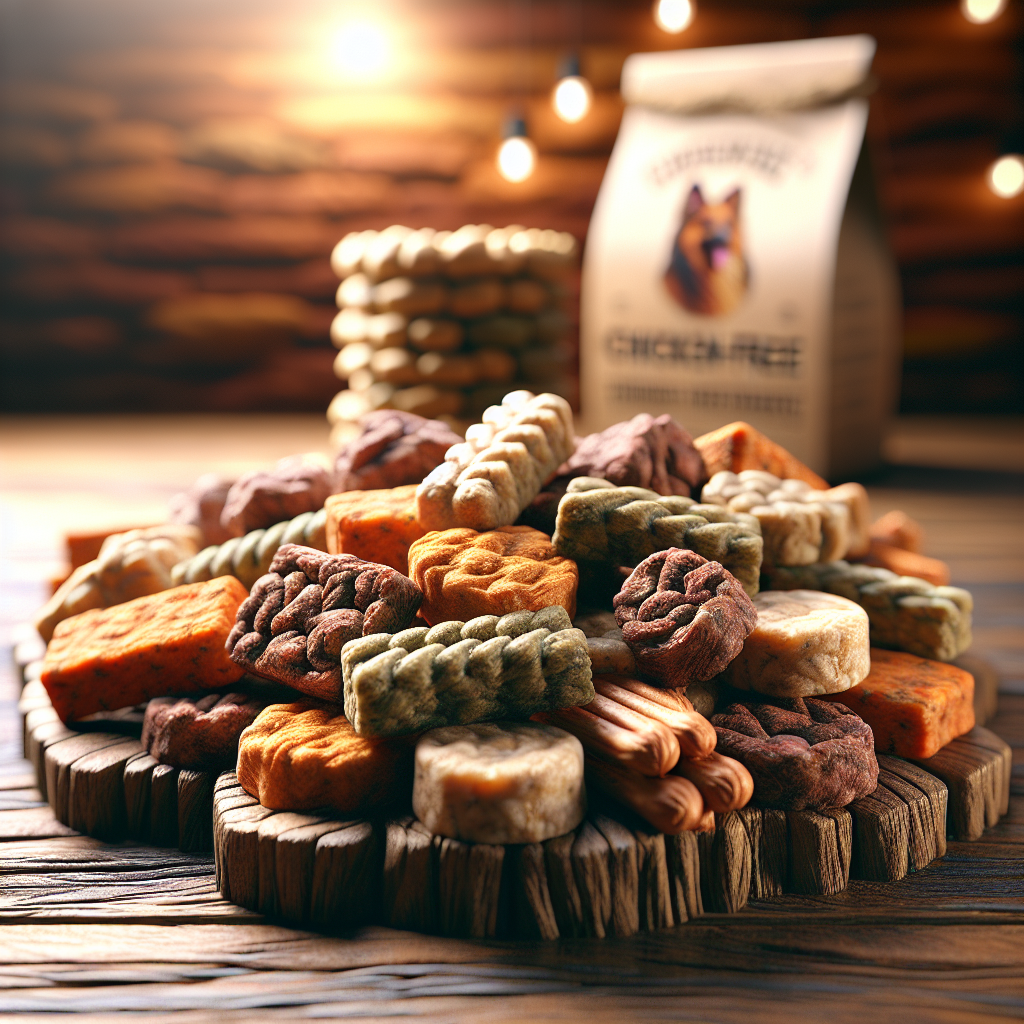Realistic image of chicken-free dog treats on a wooden surface.