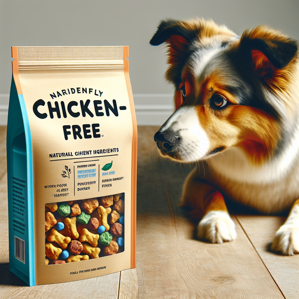 Package of chicken-free dog treats with a dog looking at it.