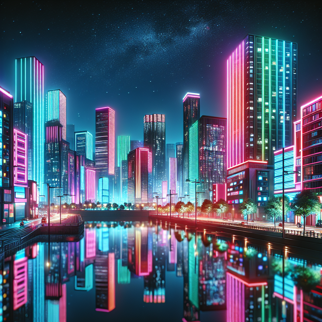 Realistic night cityscape with high-rise buildings and neon lights.