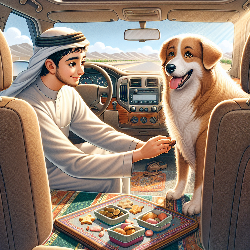 A dog owner giving their dog calming treats inside a car during a travel journey.