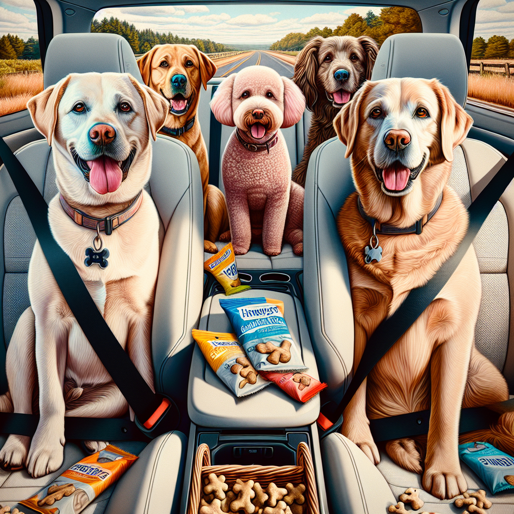 Dogs enjoying calming treats in a car while traveling, depicted realistically.