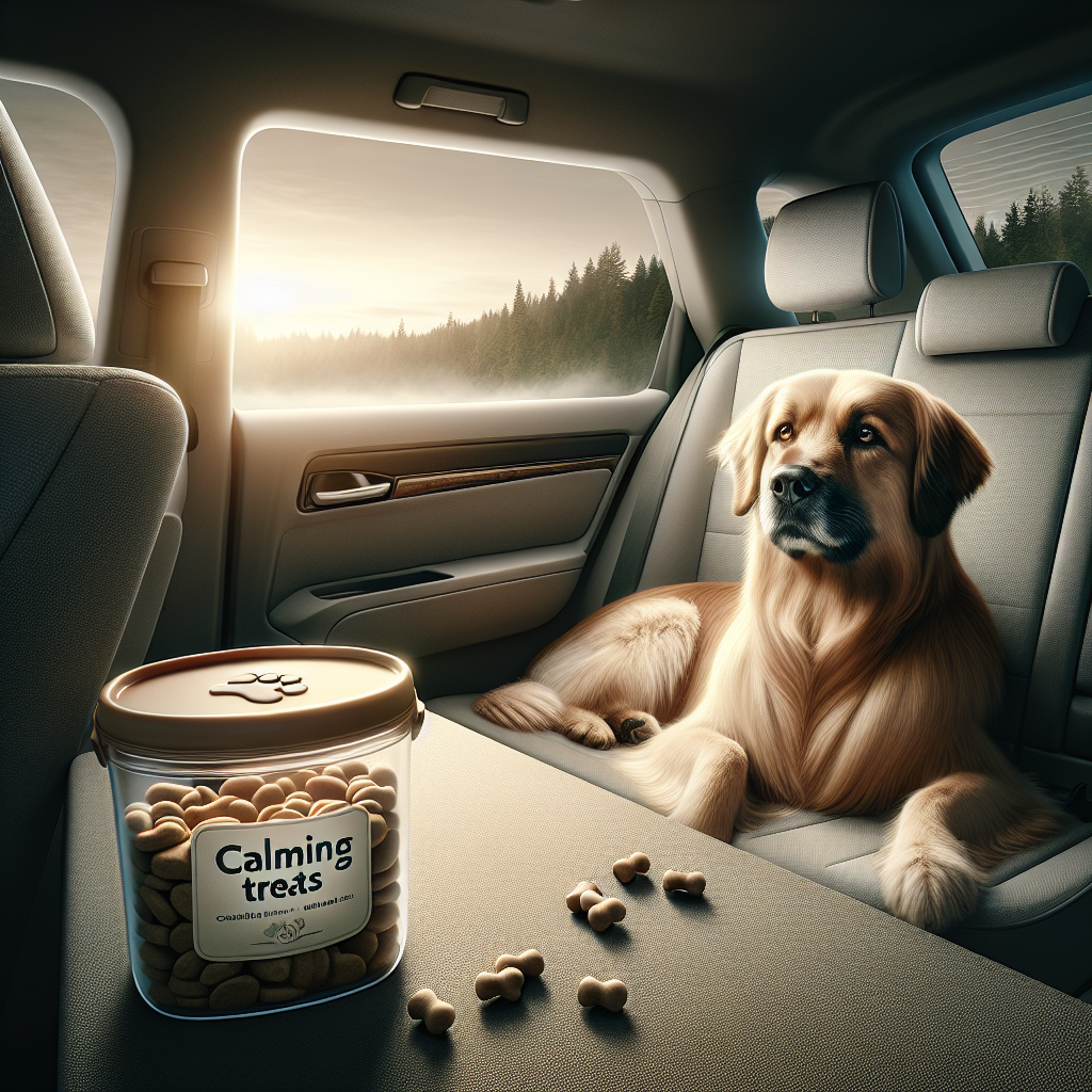A realistic image of a dog in a car with calming treats during travel.