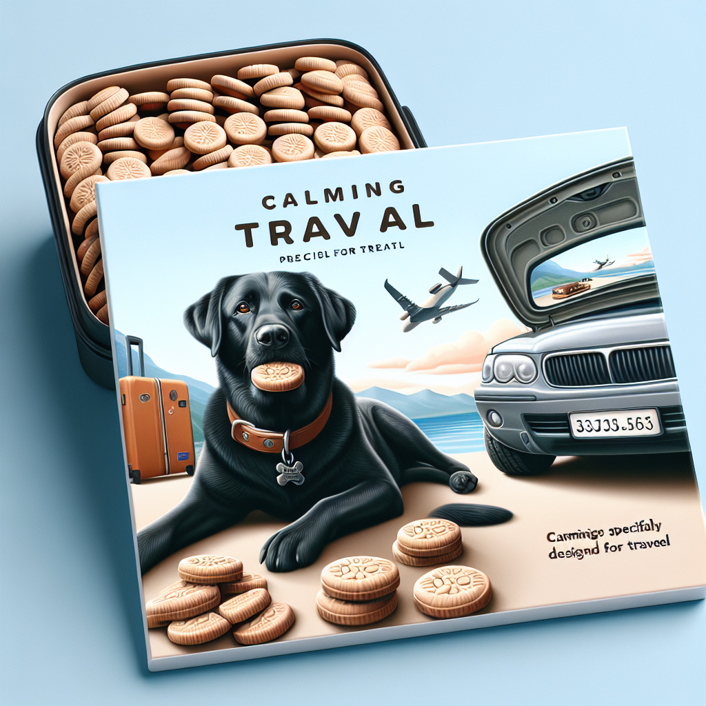 Calming treats for dogs during travel depicted in a realistic style.