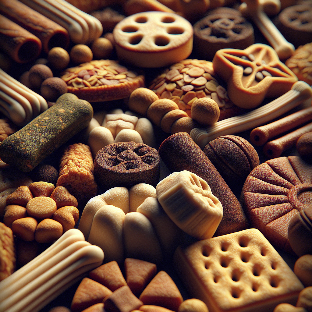 A realistic image of assorted dog treats arranged on a surface.