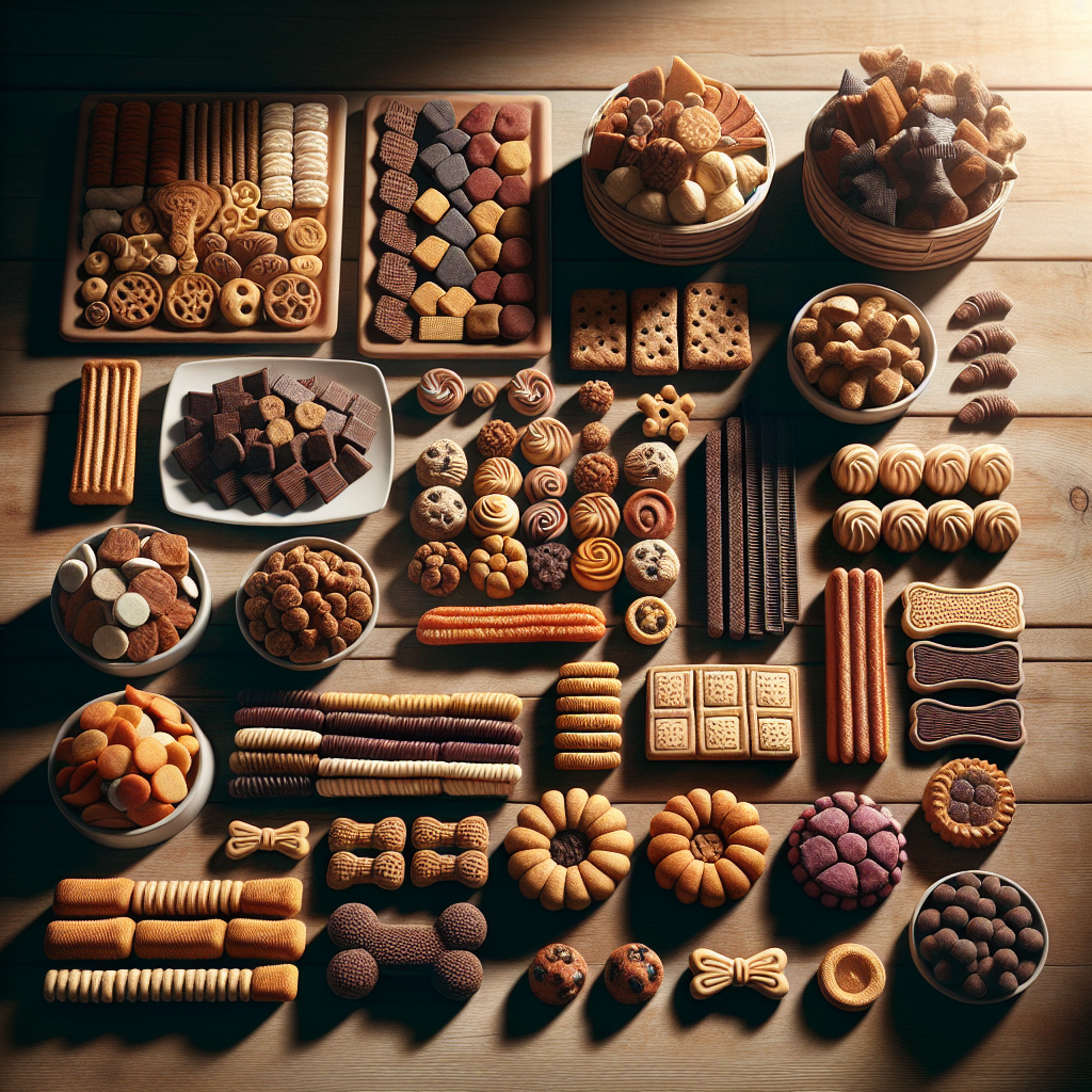 A variety of realistic dog treats arranged on a wooden table.