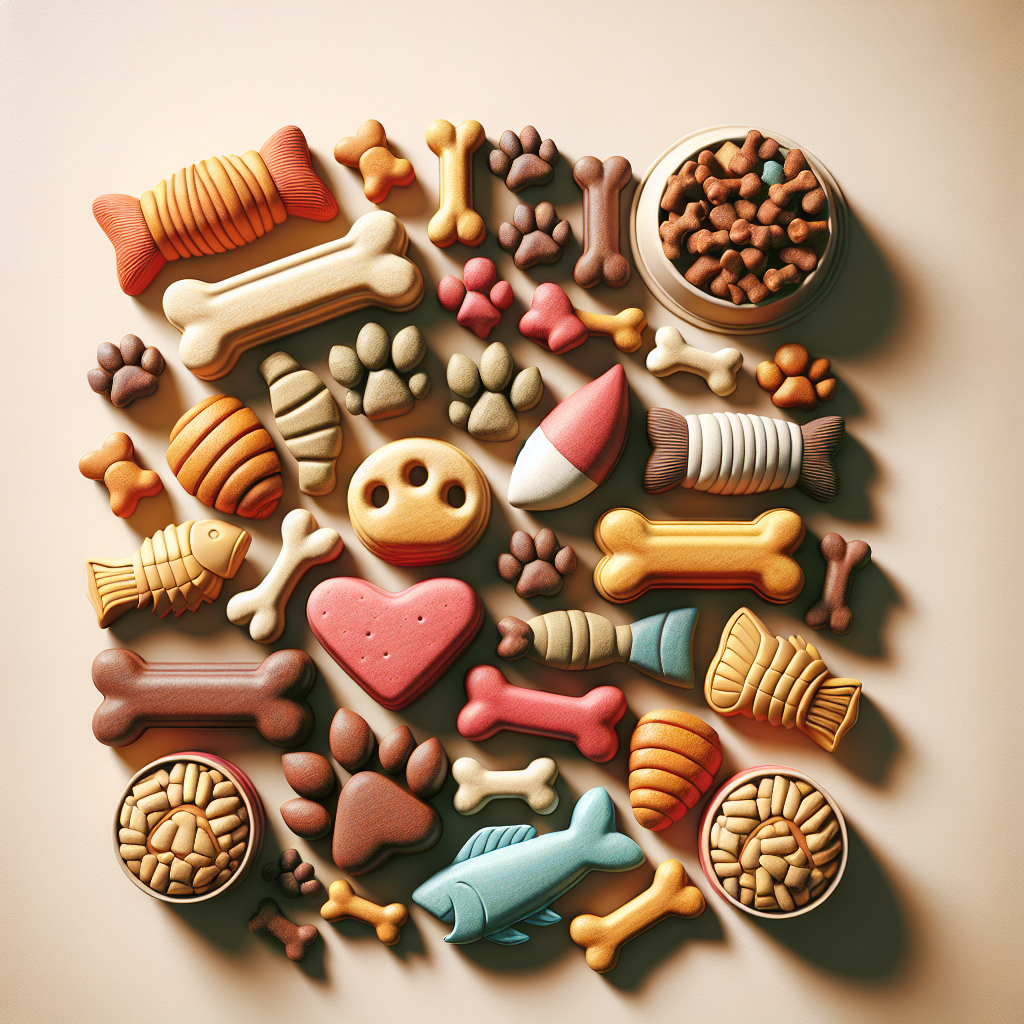 A realistic image of various dog treats arranged on a surface.