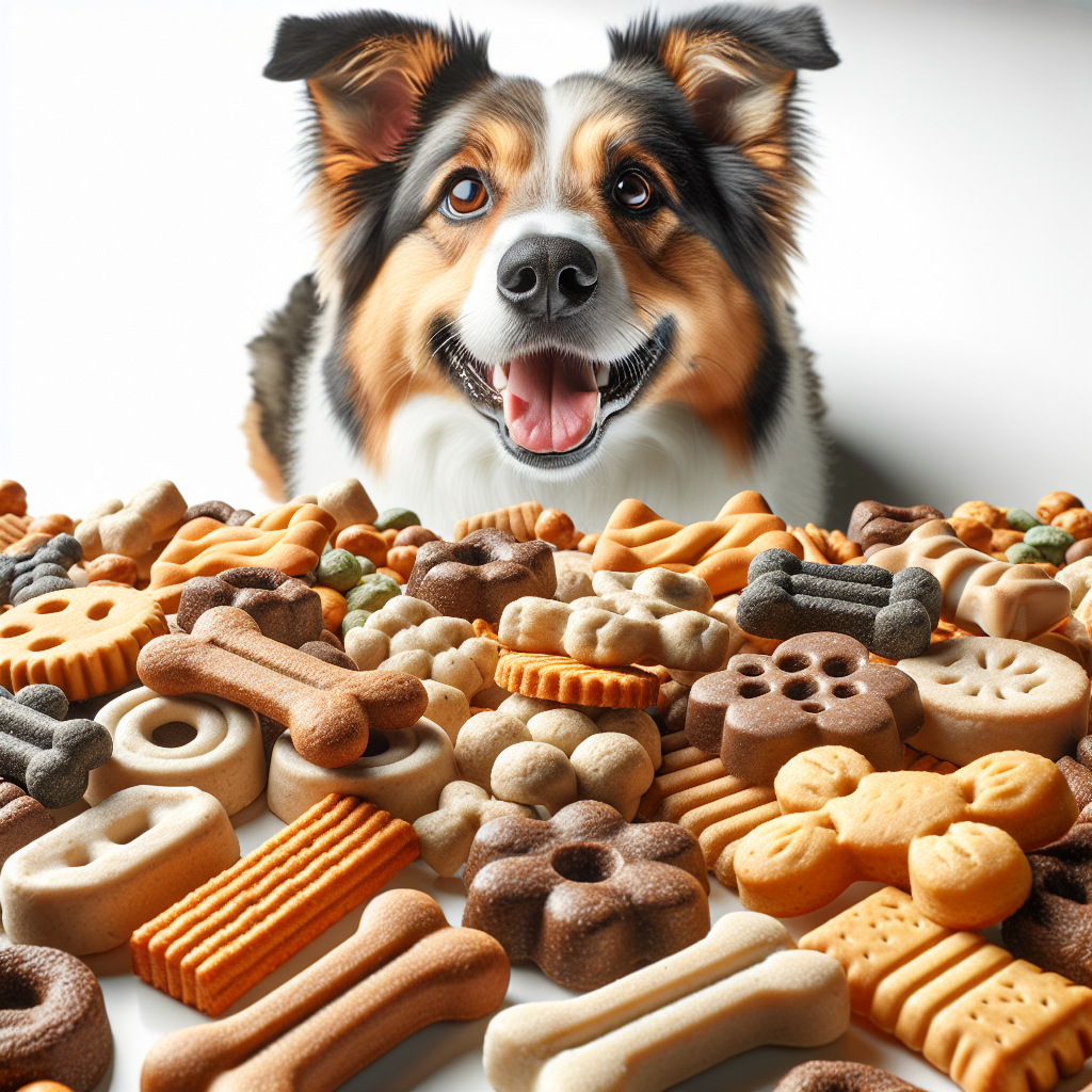 A variety of Milk-Bone dog treats displayed on a clean surface, with a happy dog in the background.