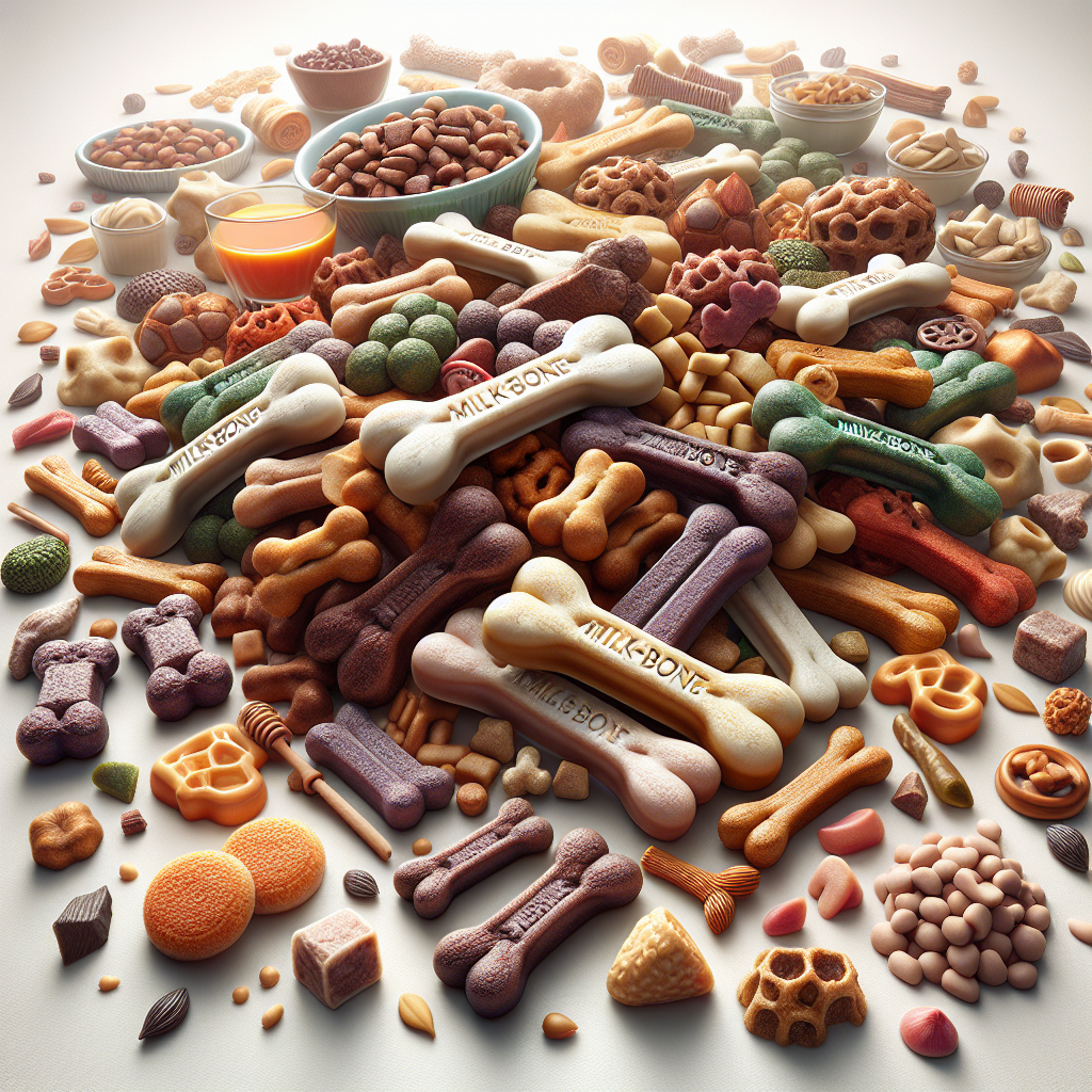 An assortment of Milk-Bone dog treats in various shapes and sizes, surrounded by ingredients like chicken, beef, and vegetables.