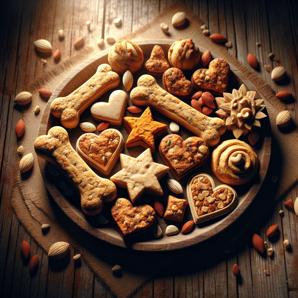 Homemade dog treats on a rustic wooden surface, with various shapes and textures, looking delicious and appealing.