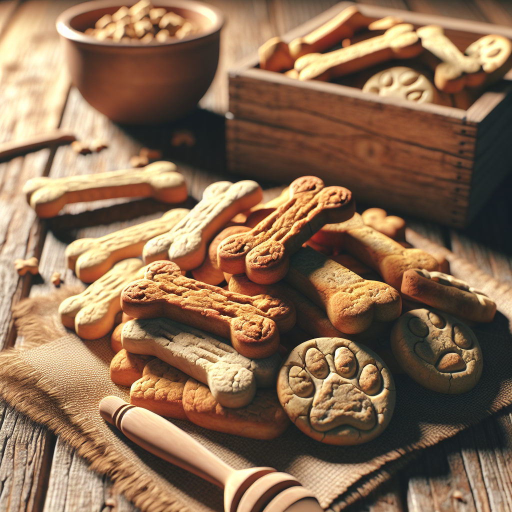 Realistic image of homemade dog treats on a rustic wooden table.