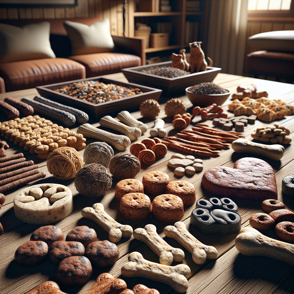 An arrangement of assorted homemade dog treats on a wooden table