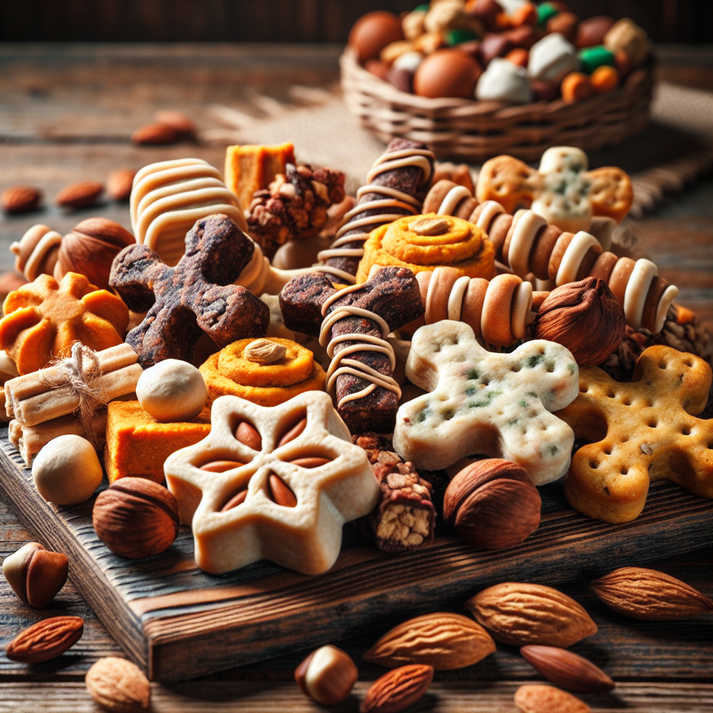 A realistic image of homemade dog treats arranged on a wooden table.