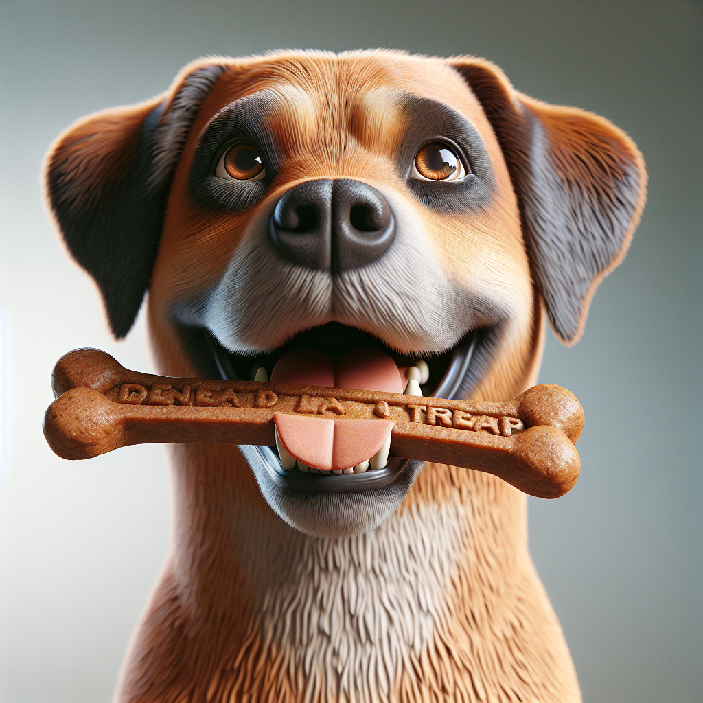 A realistic image of a dog holding a dental treat.