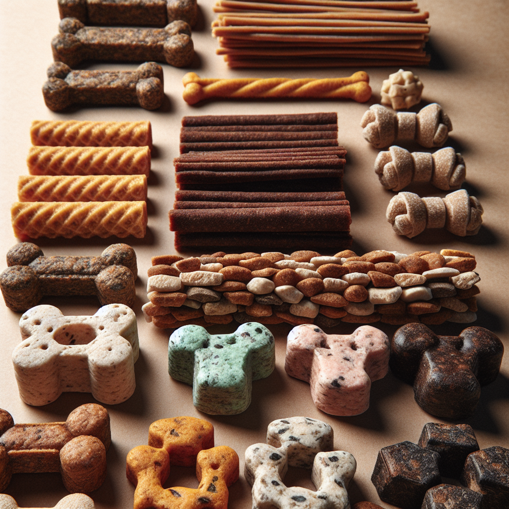 A variety of dental dog treats displayed in a realistic, detailed manner.