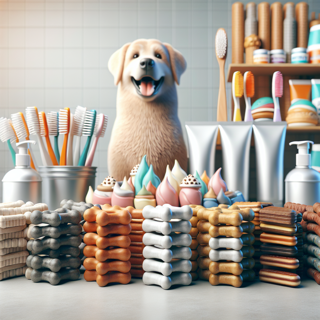 A realistic image of various dental dog treats on a table, with toothbrushes and dog tooth gel in the background.