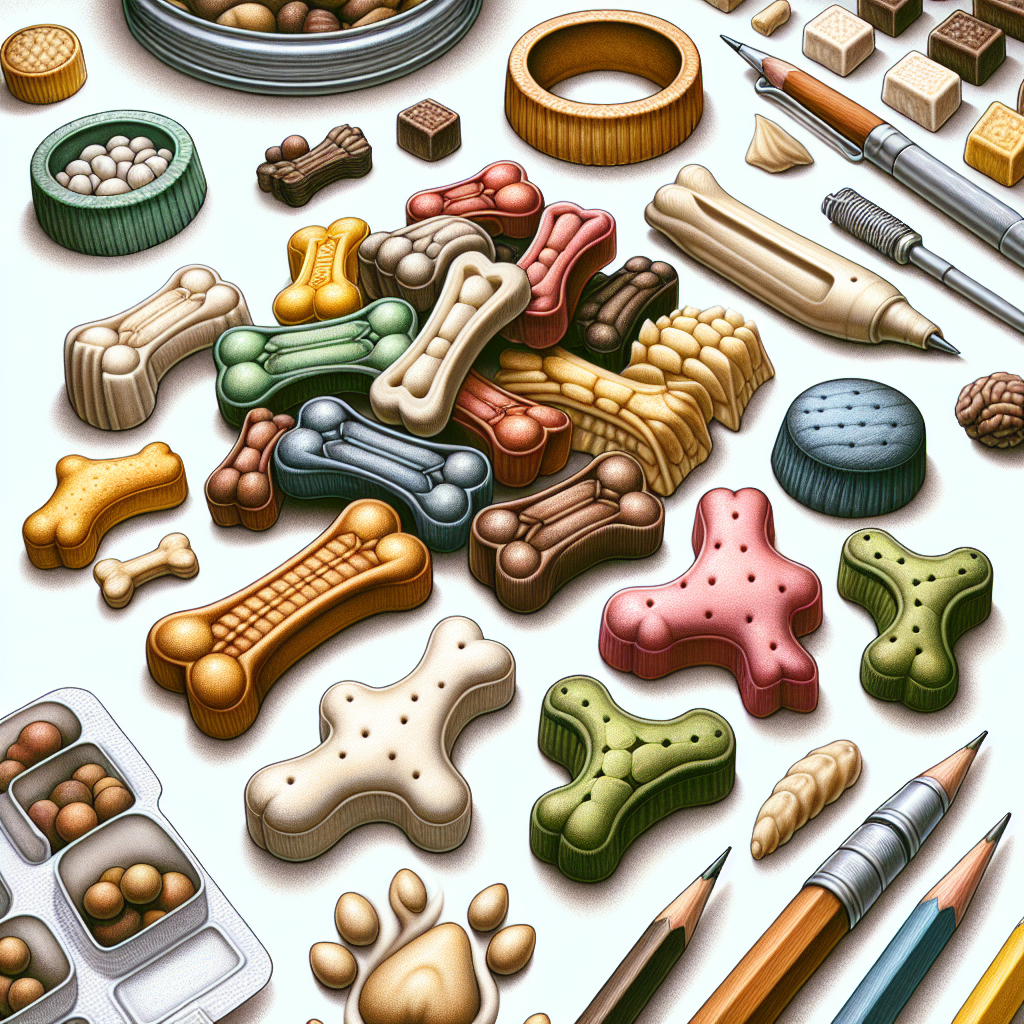 Realistic depiction of dental dog treats in various shapes and sizes.