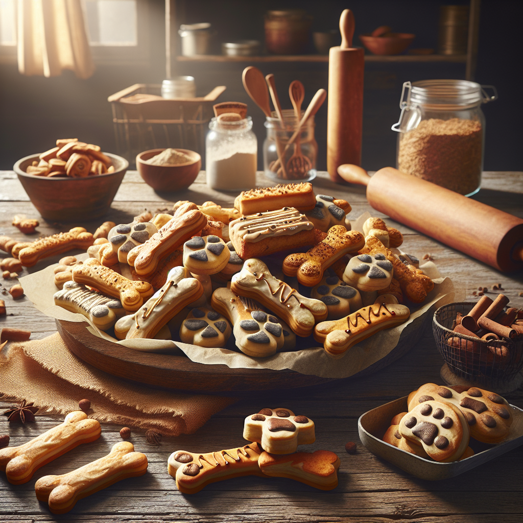 Realistic homemade dog treats arranged on a rustic wooden surface.