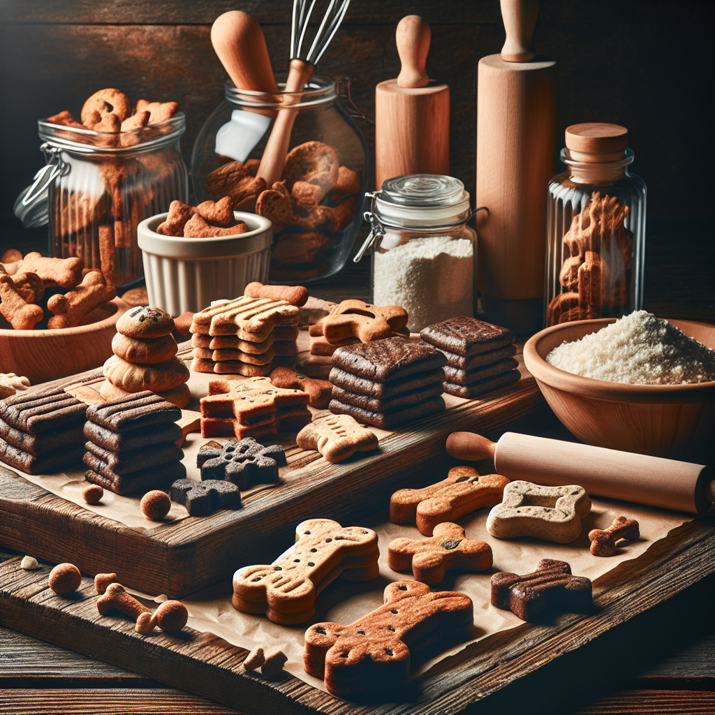 A realistic depiction of various homemade dog treats on a rustic wooden table.