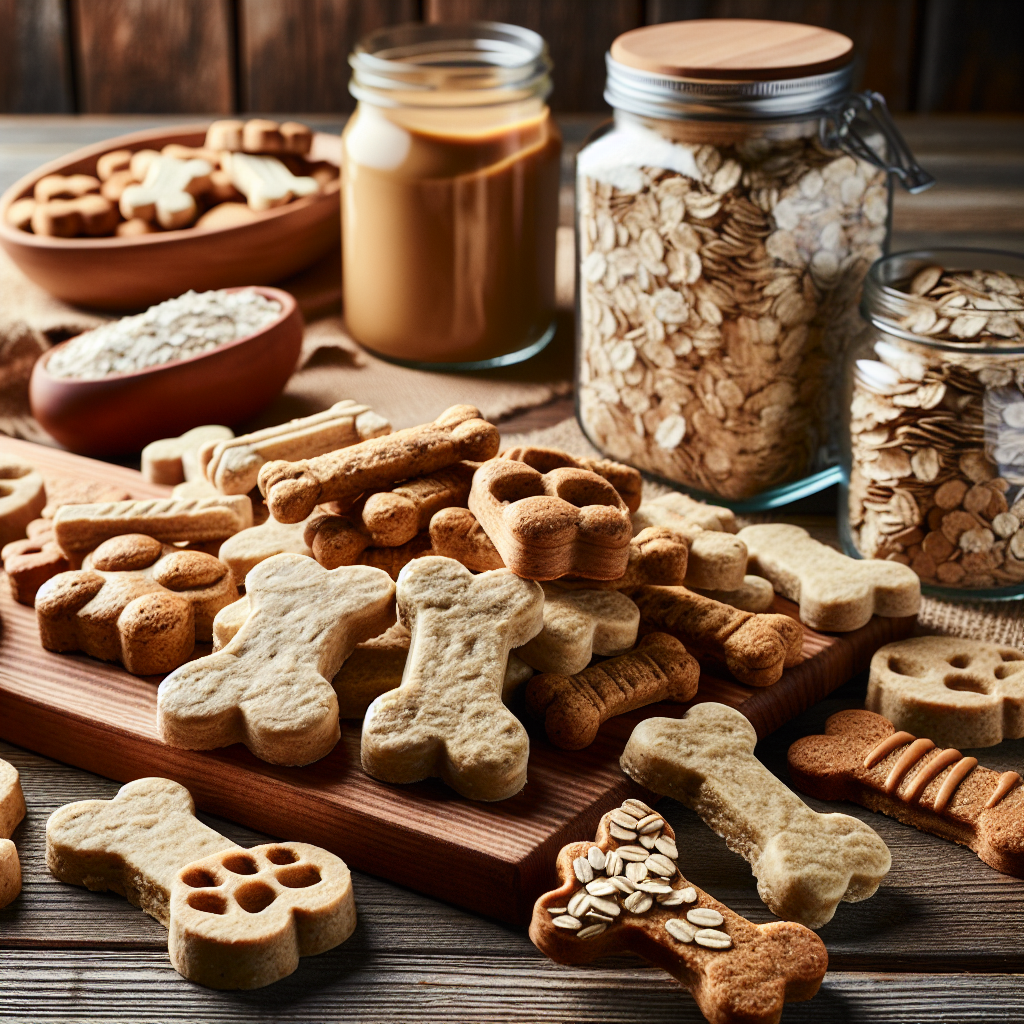 A plate of freshly baked homemade dog treats on a wooden countertop.