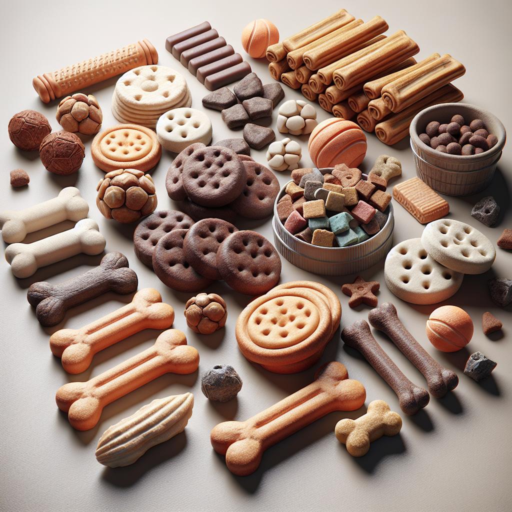 An assortment of realistic dog treats in various shapes and colors.