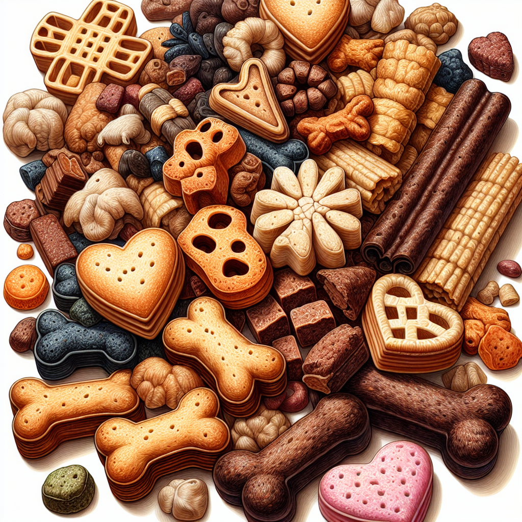 An assortment of realistic dog treats with various shapes and textures.