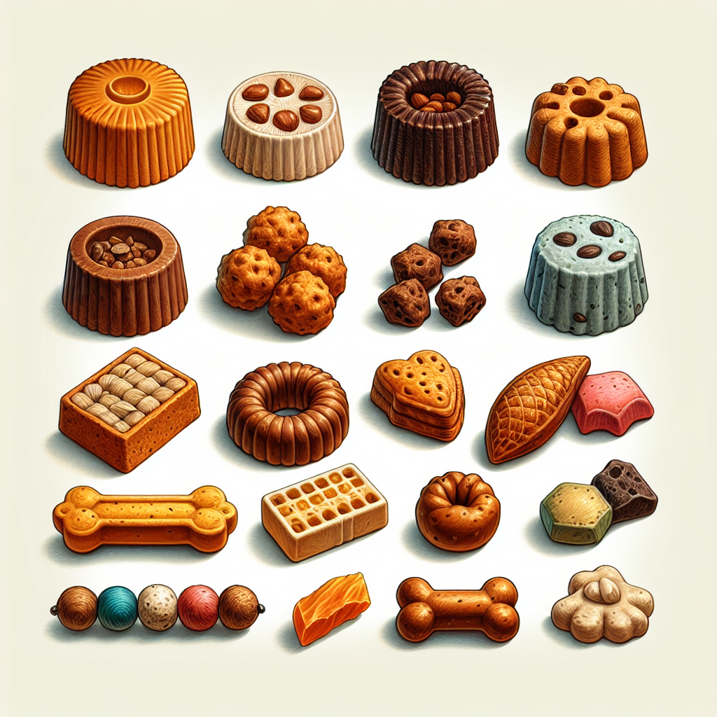 An assortment of realistic dog treats in various shapes and sizes.