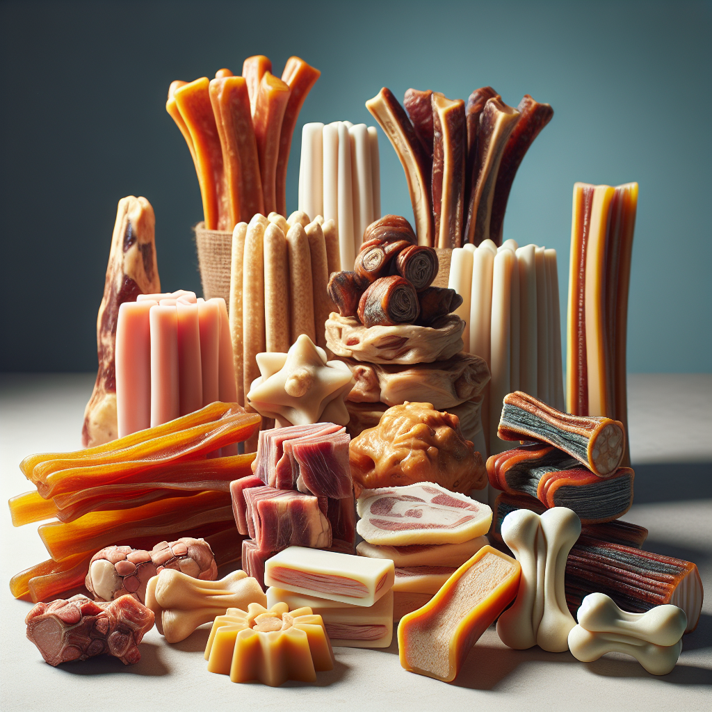 A collection of long-lasting healthy dog chews in a realistic style, highlighting their textures and ingredients.