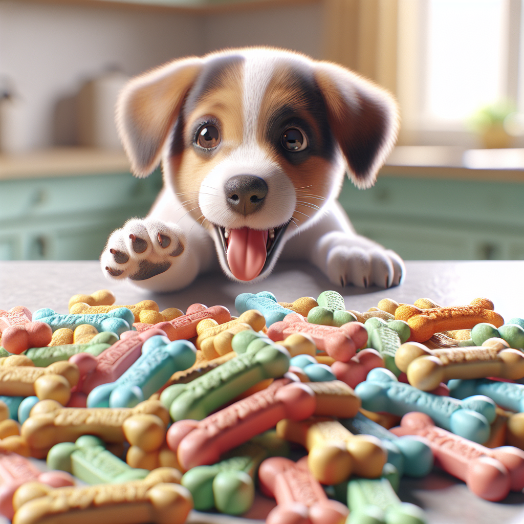 Realistic depiction of Milk-Bone puppy treats with a happy puppy.