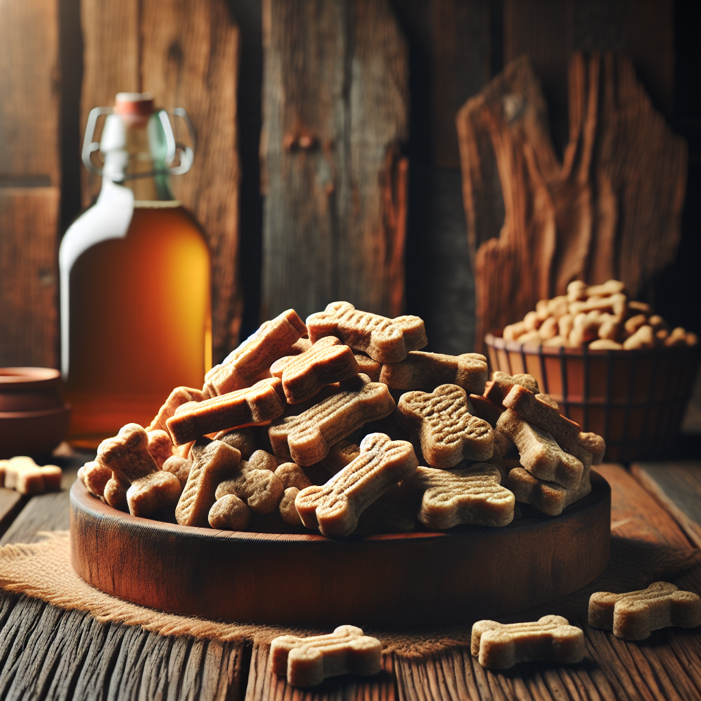 A realistic image of homemade brewer's yeast dog treats displayed on a wooden table with a rustic background.