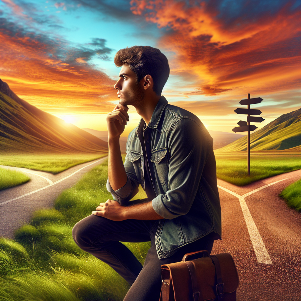 A contemplative person at a crossroad in a vibrant landscape during sunset.