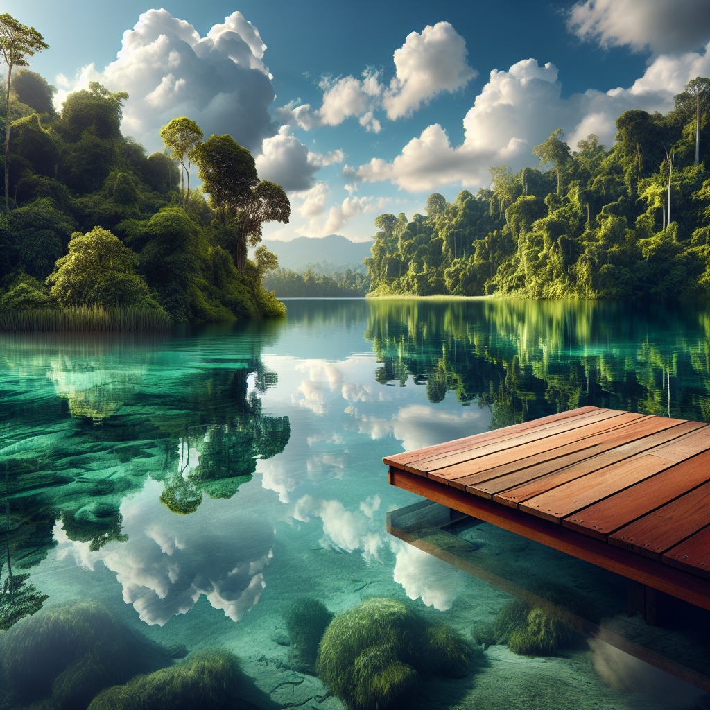 A serene landscape with a reflective lake and wooden deck, symbolizing introspection.