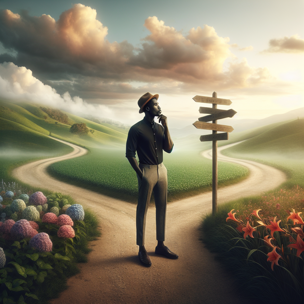 A person standing at a crossroads in a lush landscape, symbolizing the 'magic zone' concept.