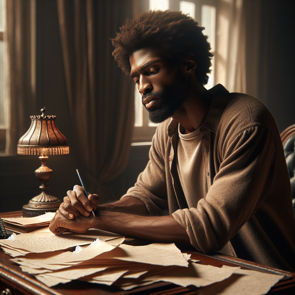 A person in deep thought at a desk, symbolizing introspection and self-discovery.