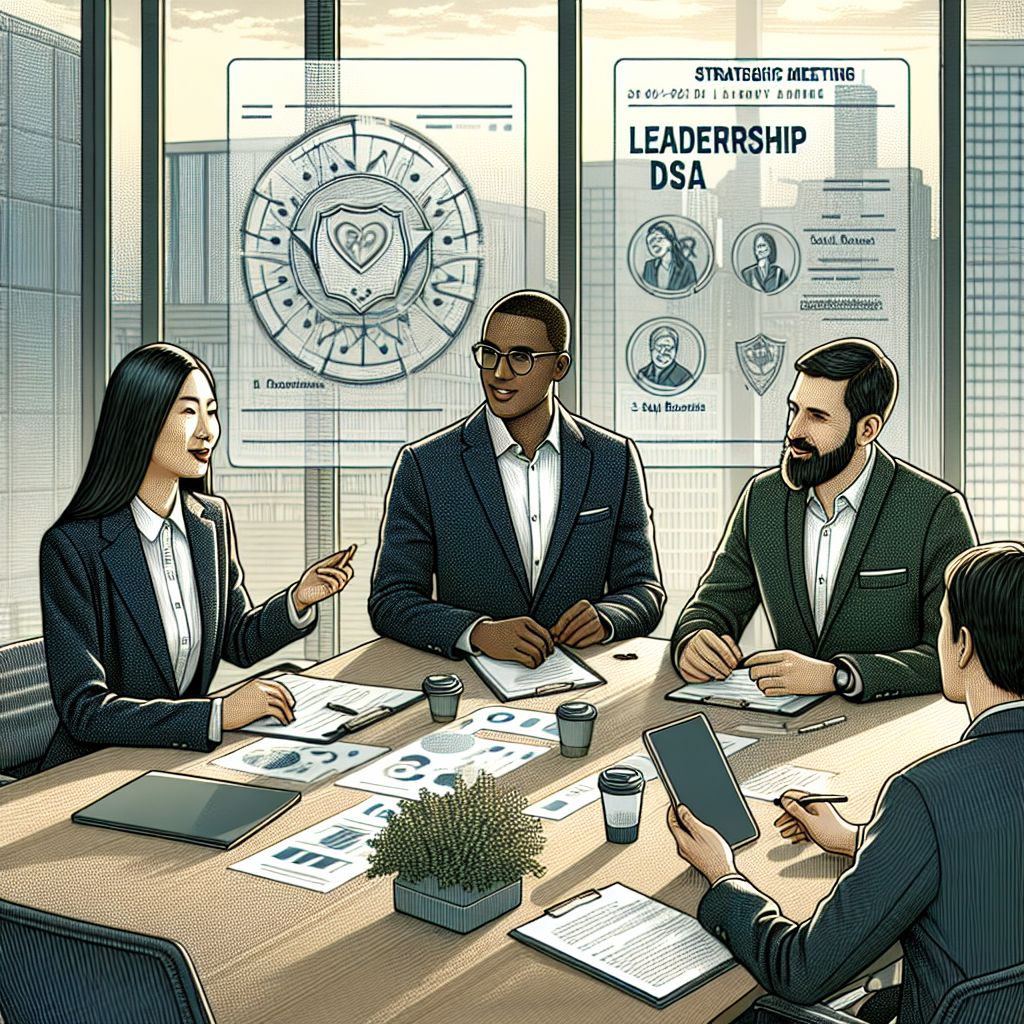 Three professionals discussing in a modern office environment, highlighting leadership and collaboration.