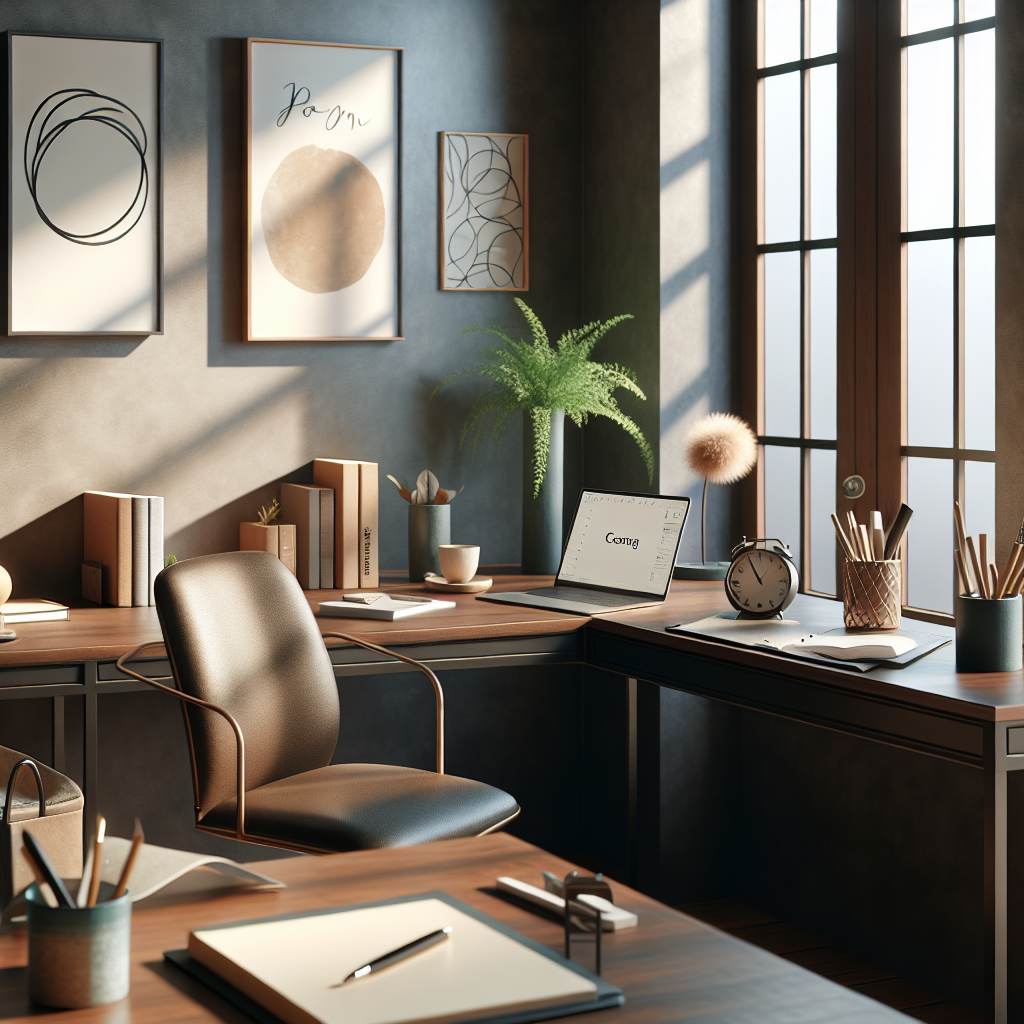 A life coach's inviting workspace with a stylish desk, comfortable chair, and natural light.