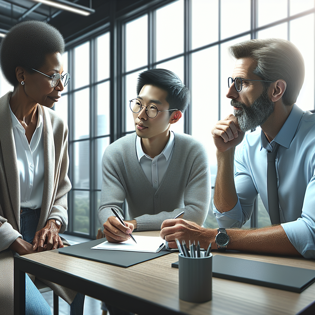 A diverse group of life coaches collaborating in a modern office environment.