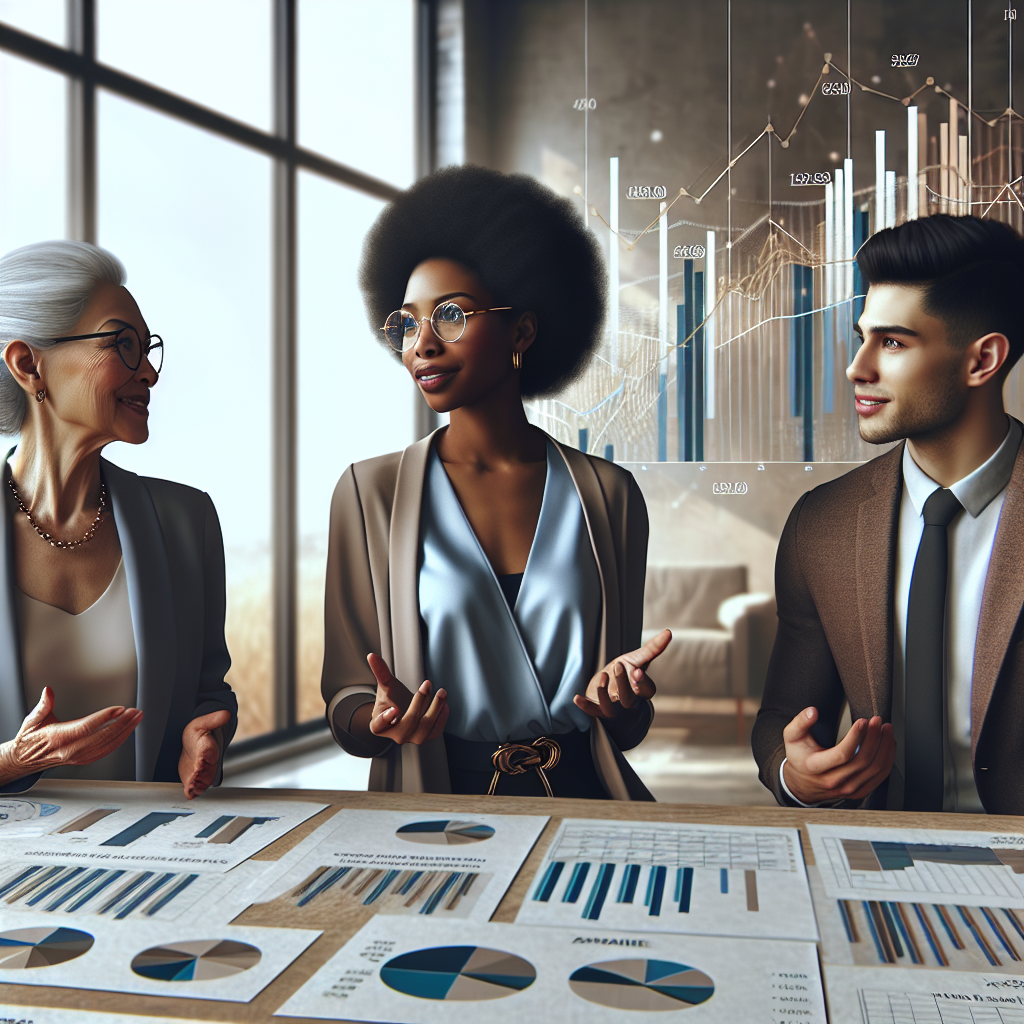 A diverse group of life coaches discussing financial trends with charts in an office setting.