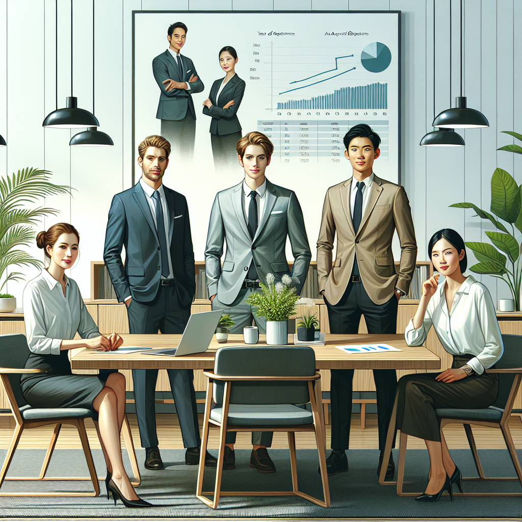 A diverse group of life coaches discussing in a modern office with a whiteboard showing salary graphs.