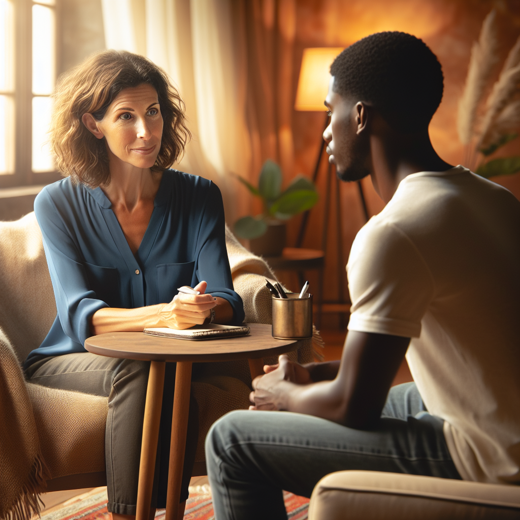 A life coach in conversation with a client in a cozy setting.