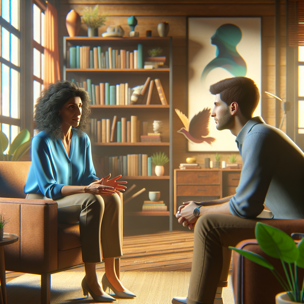 A diverse life coaching session in a cozy office with a male and female engaged in conversation.