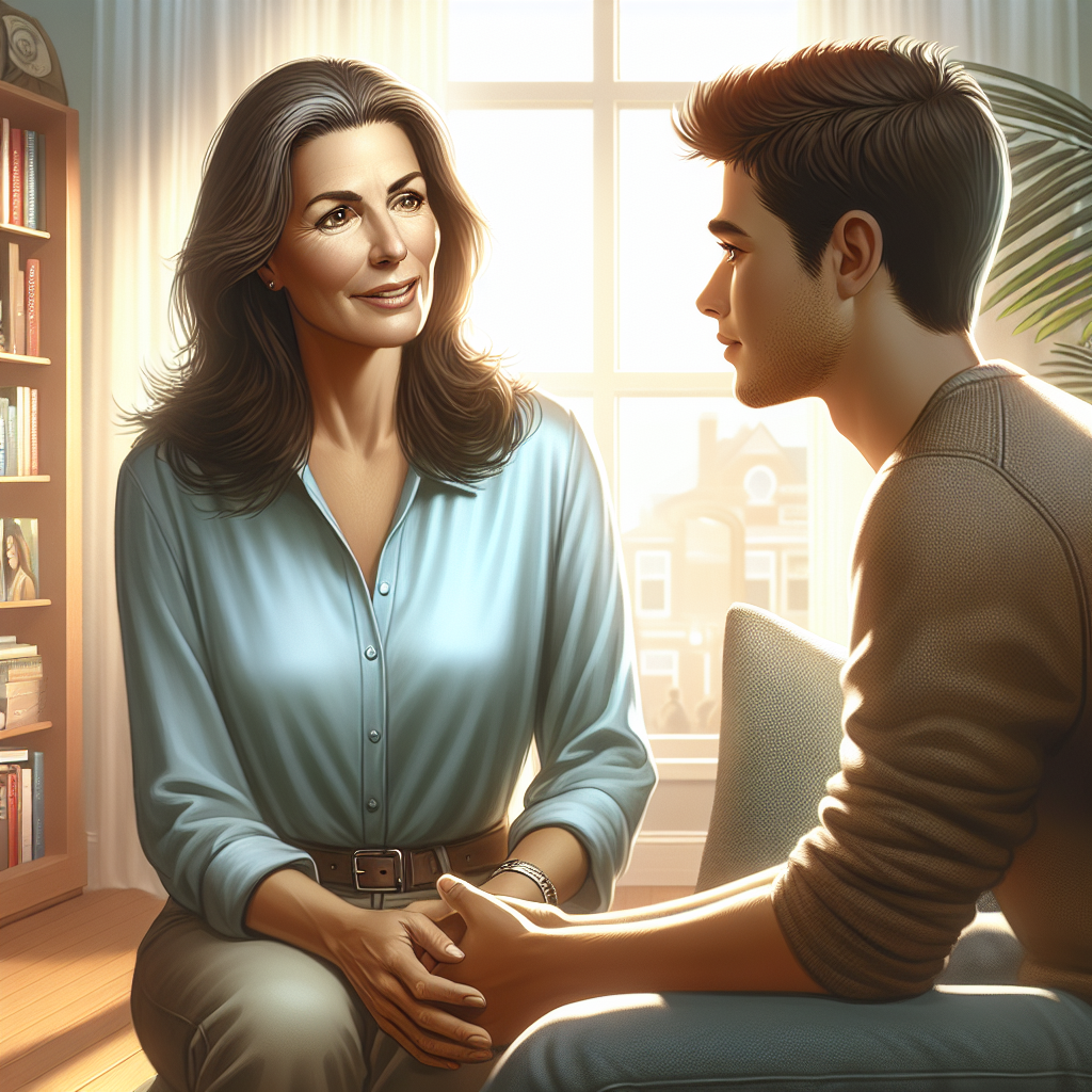 A life coach conversing with a client in a cozy office.